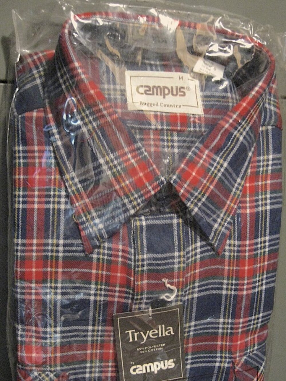 Campus Rugged Country Red Blue Plaid 1970s Flannel Shirt Tryella Deadstock